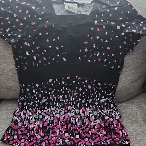 Landau Black V-Neck Tunic with Pink and White Confetti Print
